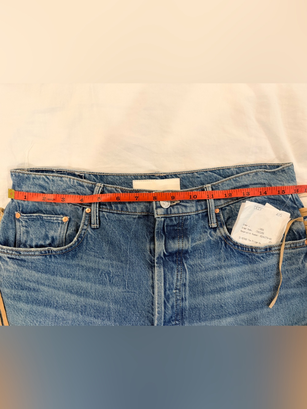 MOTHER Blue Denim Flare Jeans with Tan Fringe - Picture 6 of 10